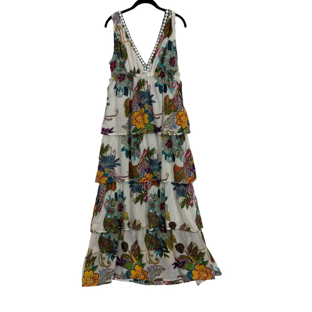 RAGA Dress Hibiscus Palms Cotton Peasant Floral Tiered V-neck Maxi‎ Size L - Picture 3 of 8